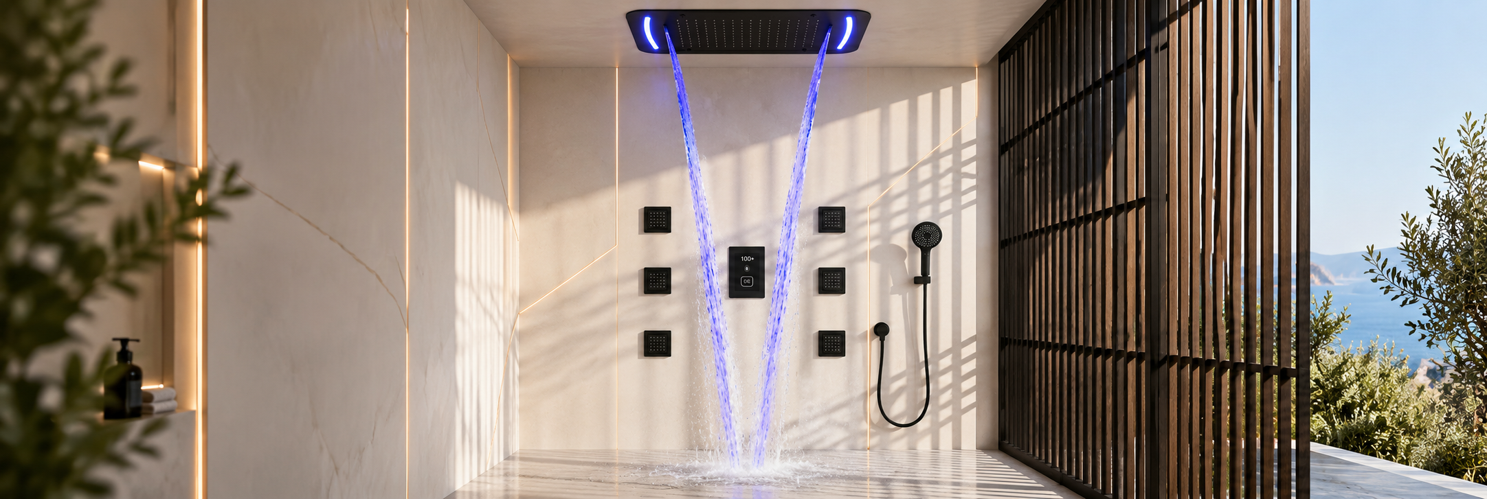 BathSelect matte black LED shower systems with color-changing rainfall lighting